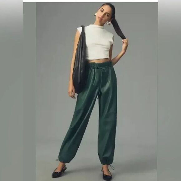 Pilcro for Anthropologie Dark Green Faux Leather Soft Parachute Pants, LP! - Picture 1 of 10